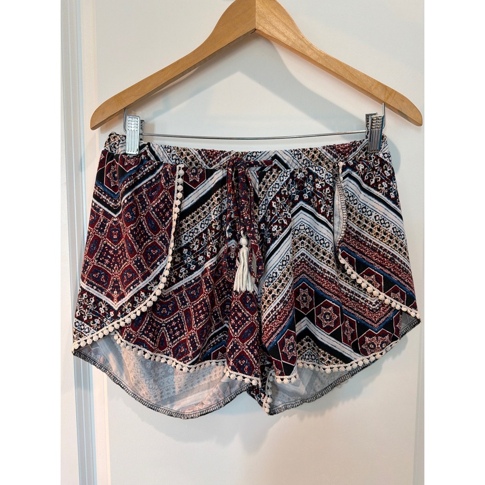 Hot Kiss Women XL Boho Geometric Paisley Pom Pom Trim Tassel Shorts Burgundy